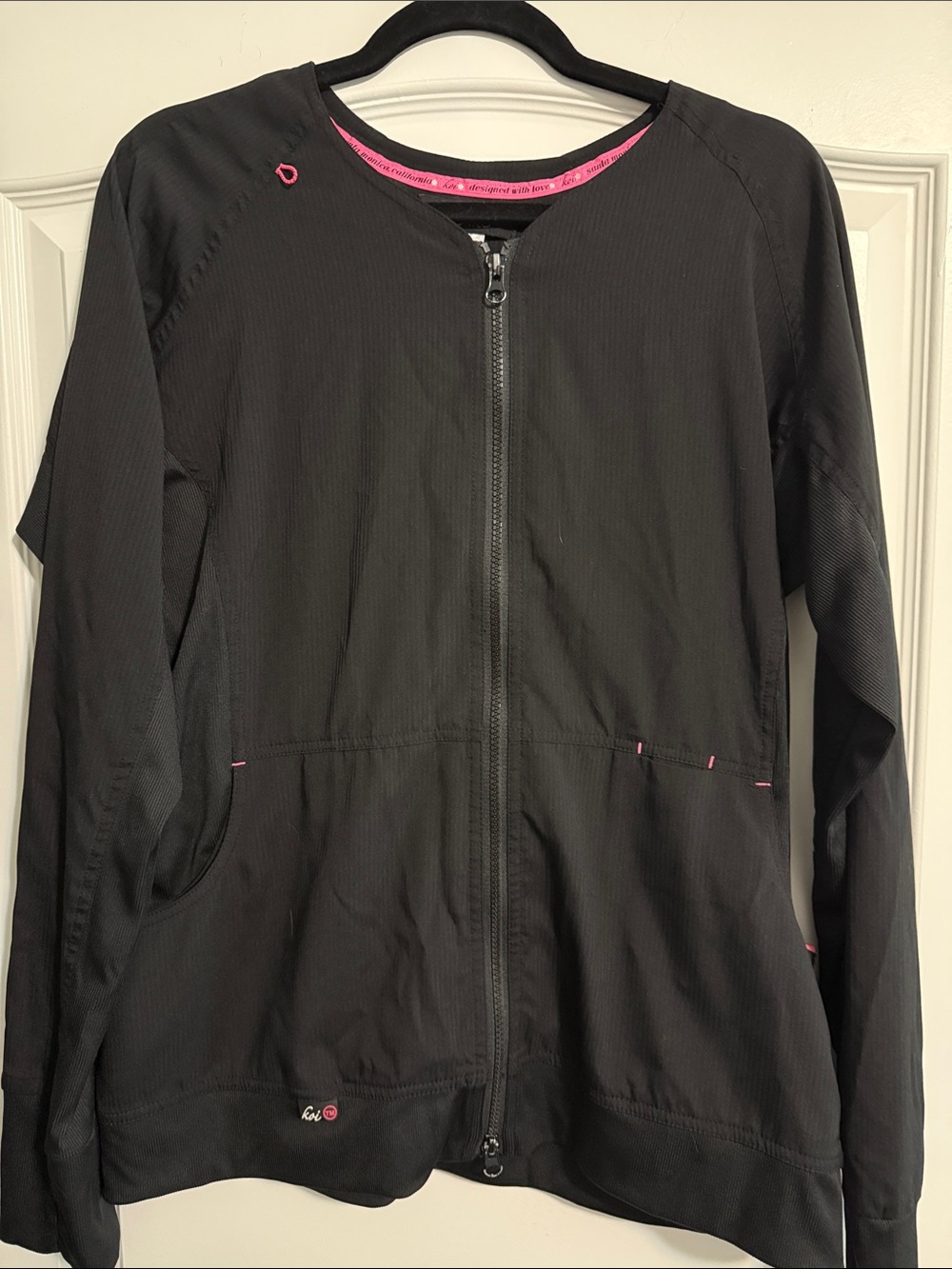 Koi lite.  Black Zip-Front Scrub Jacket with Pink Trim